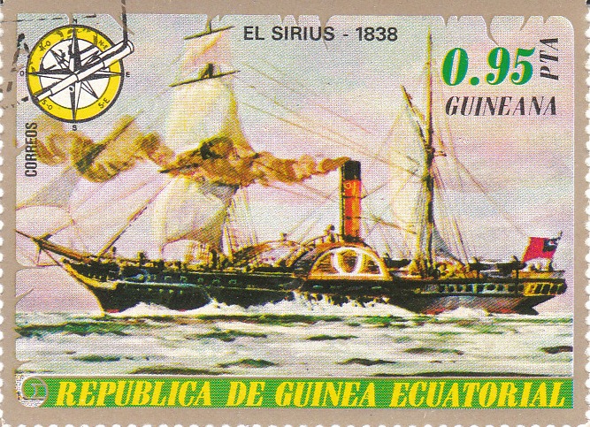 Марка поштова гашена. "El Sirius - 1838". Republika de Guinea Ecuatorial